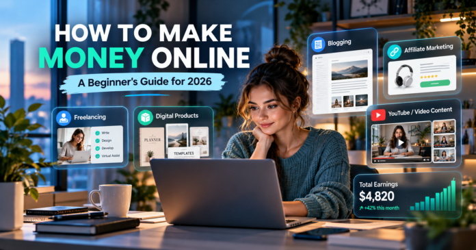 Beginner working on a laptop with freelancing, blogging, digital products and affiliate marketing opportunities in 2026