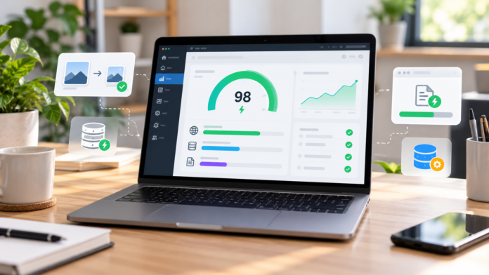 Illustration of a laptop displaying a website speed optimization dashboard with performance, caching, and image compression icons.